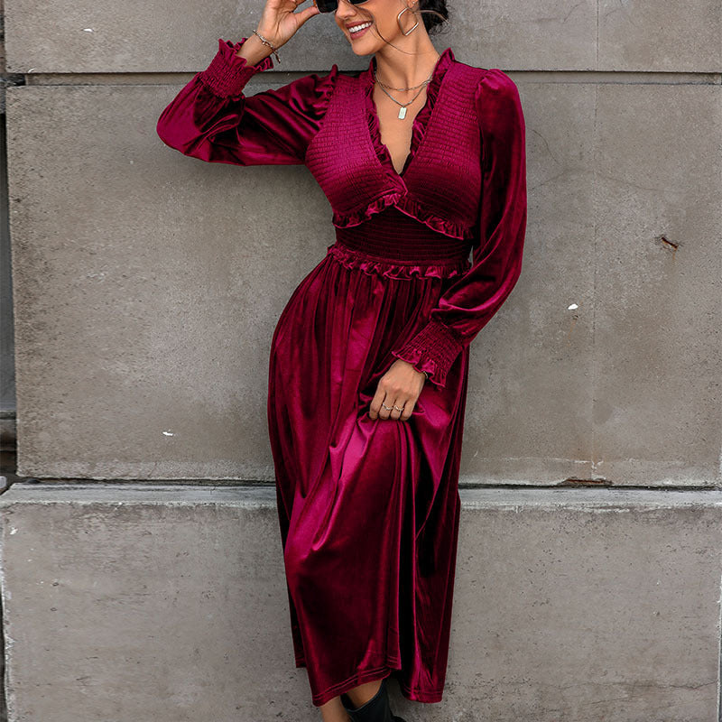 Damen elegantes Langarm-Wickelkleid mit Rüschendetails und hohem Rücken R&B