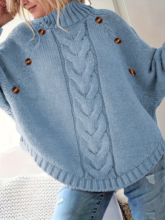 Damen Grober Strickpullover mit modernem Zopfdesign und praktischen Knöpfen R&B