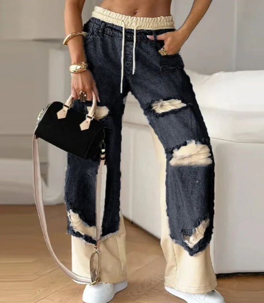 Damen nan weite Patchwork-Jeans mit elastischem Tunnelzugbund, Destroy-Look und kontrastierenden Sweat-Einsätzen R&B