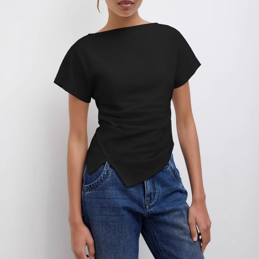 Damen Cropped T-Shirt mit asymmetrischem Schnitt und dekorativem Drapierungseffekt R&B