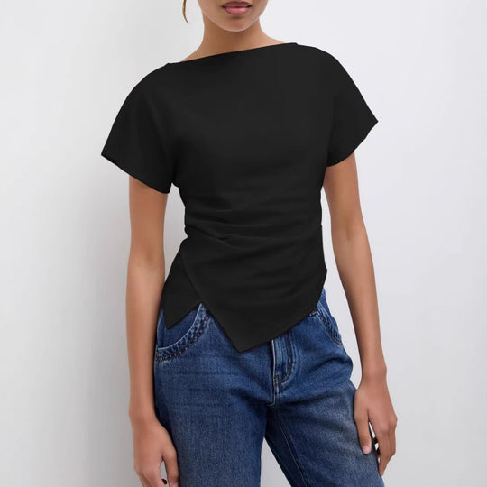 Damen Cropped T-Shirt mit asymmetrischem Schnitt und dekorativem Drapierungseffekt R&B