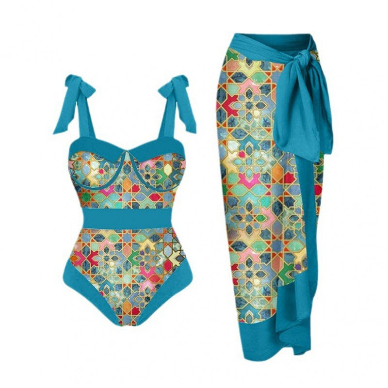 Damen Einteiler Badeanzug mit elegantem Wickelrock und modischen Riemen R&B