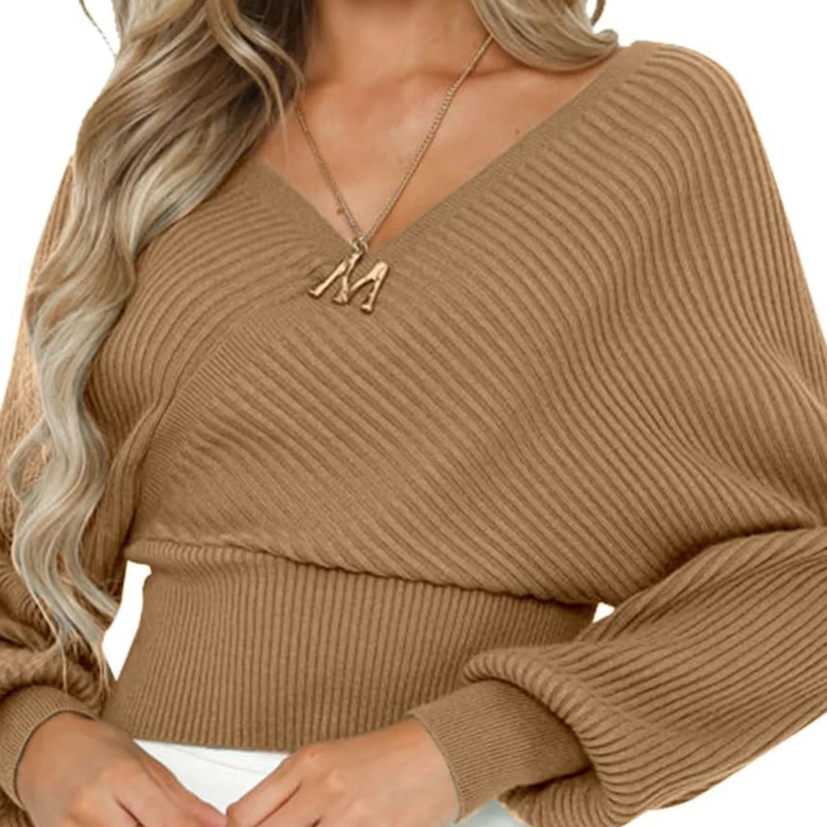 Damen nan gestrickter Off-Shoulder Cropped-Pullover mit Wickeloptik und Ballonärmeln R&B