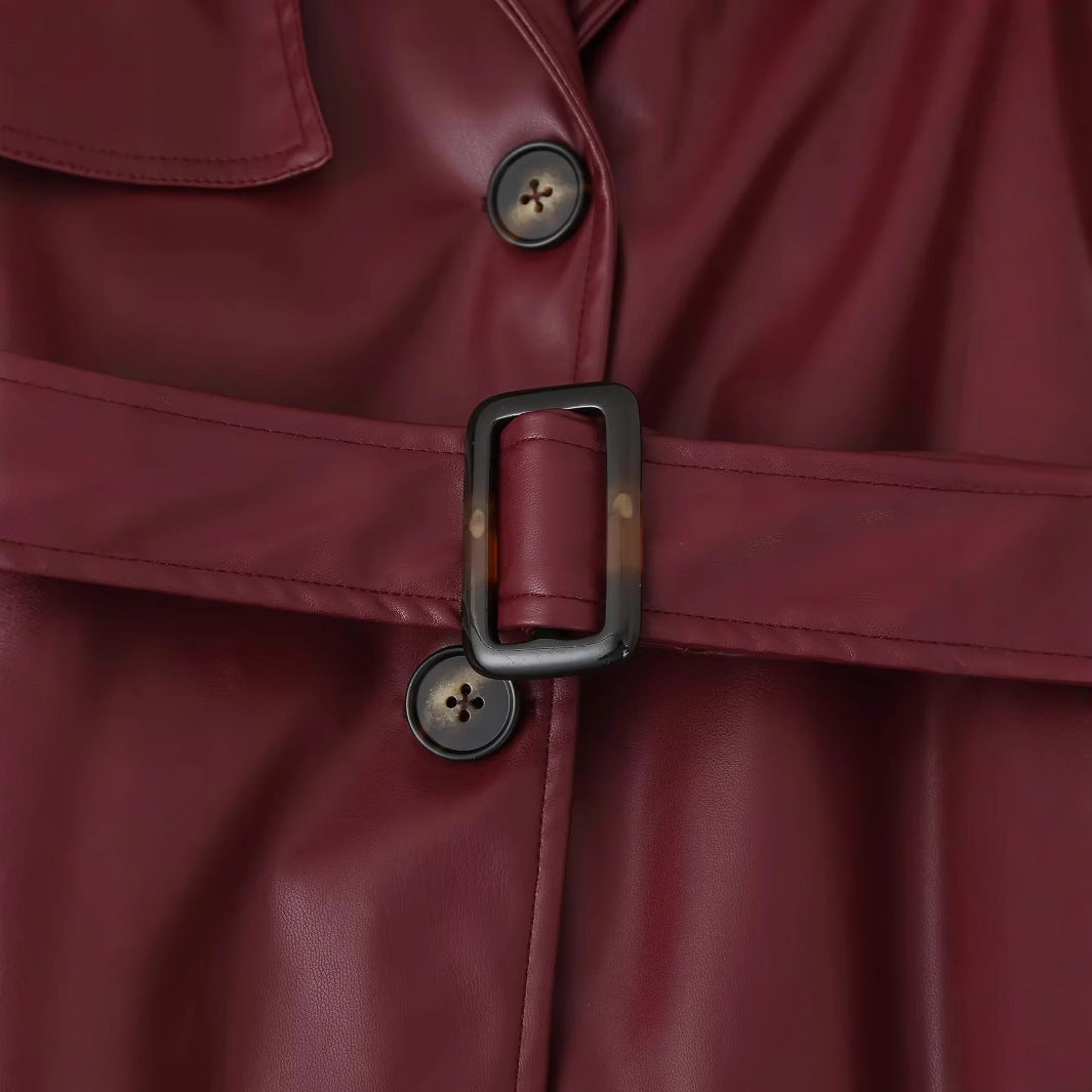 Damen eleganter Kunstleder-Trenchcoat mit Gürtel R&B