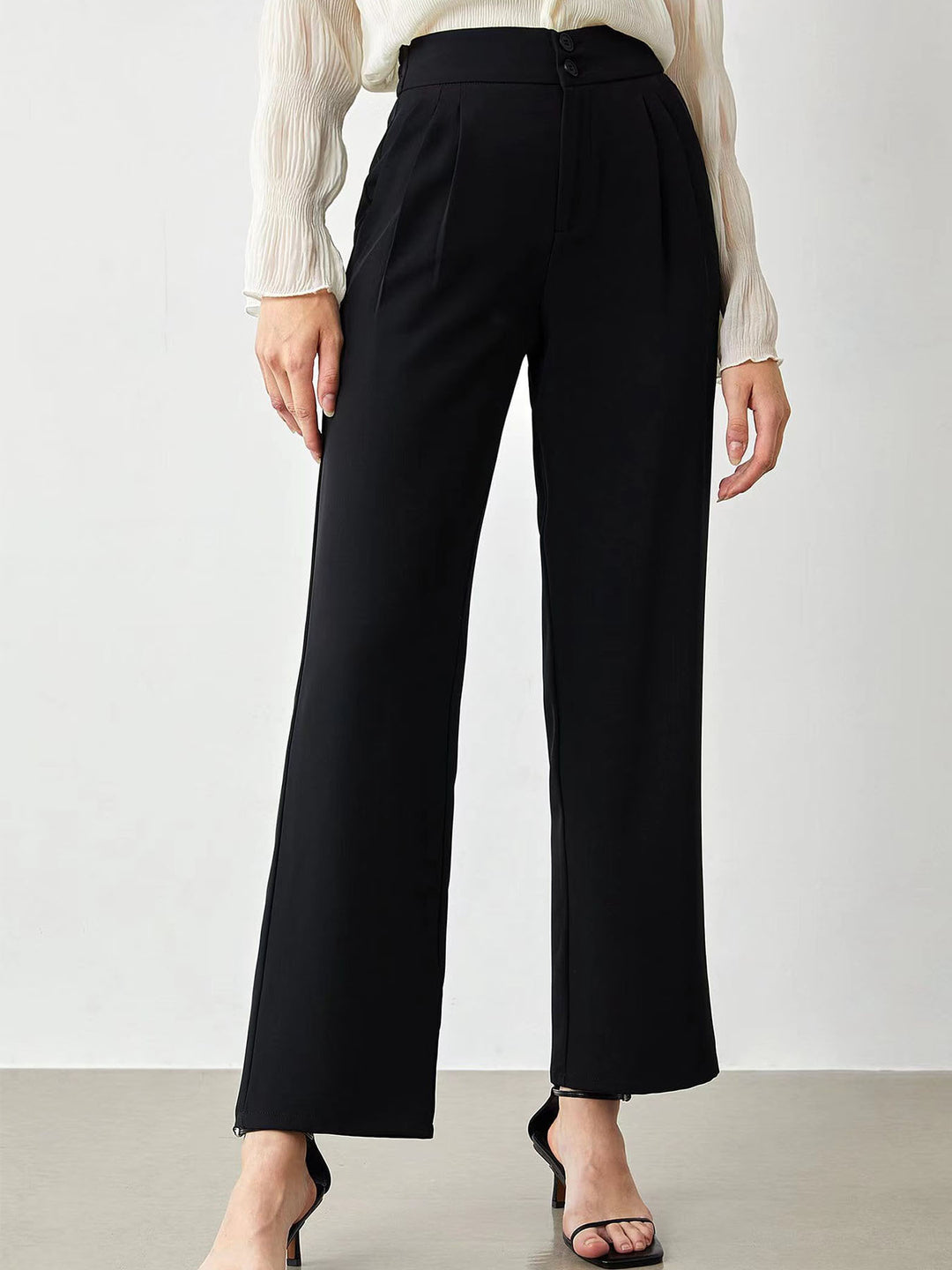 Damen elegante weite Stoffhose mit Bundfalten und hohem Taillenbündchen R&B