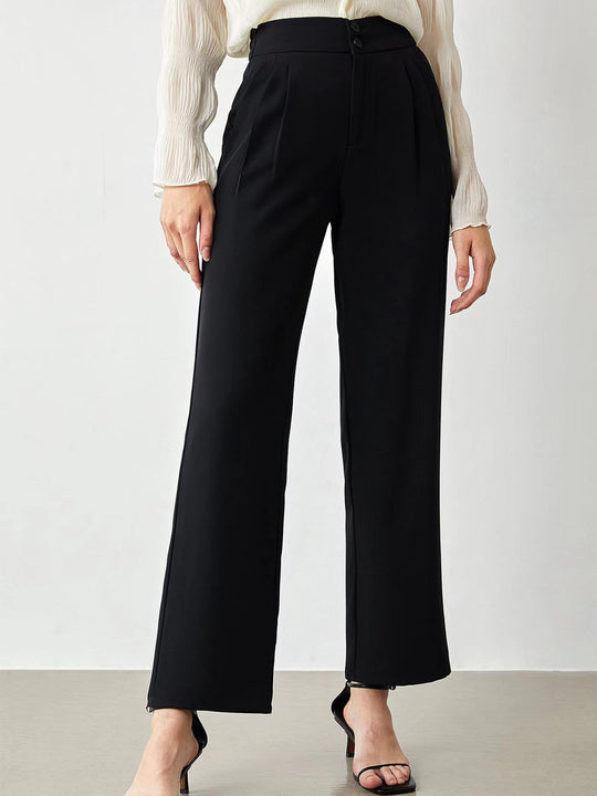 Damen elegante weite Stoffhose mit Bundfalten und hohem Taillenbündchen R&B