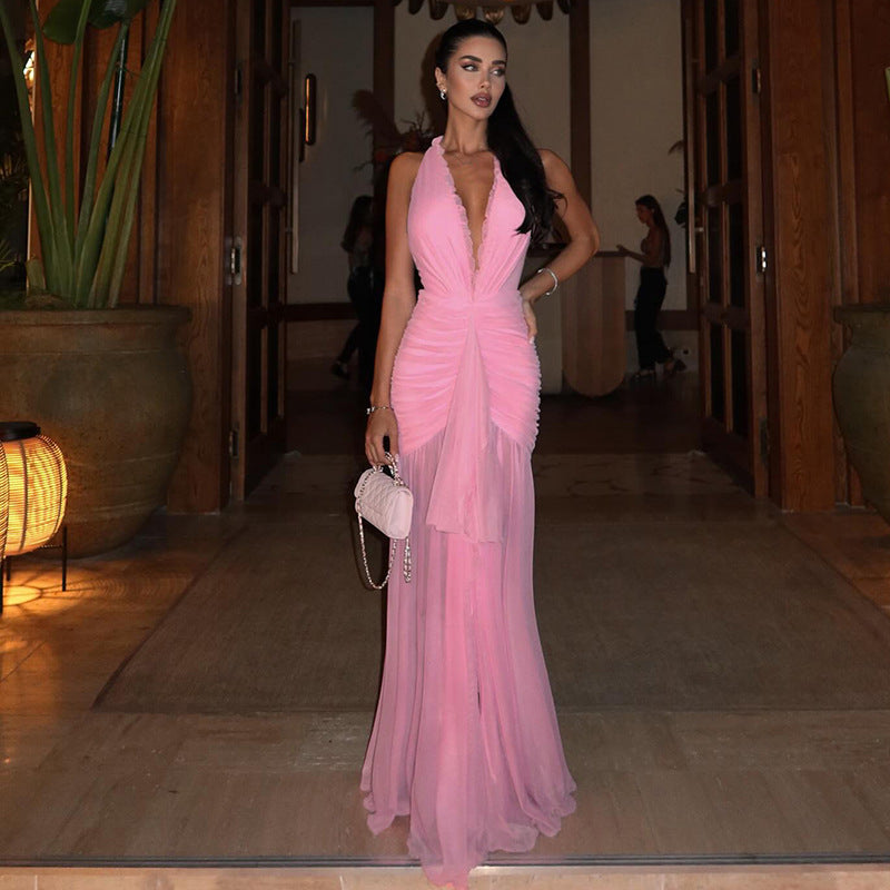 Damen Maxikleid mit tiefem V-Ausschnitt und Raffungen R&B