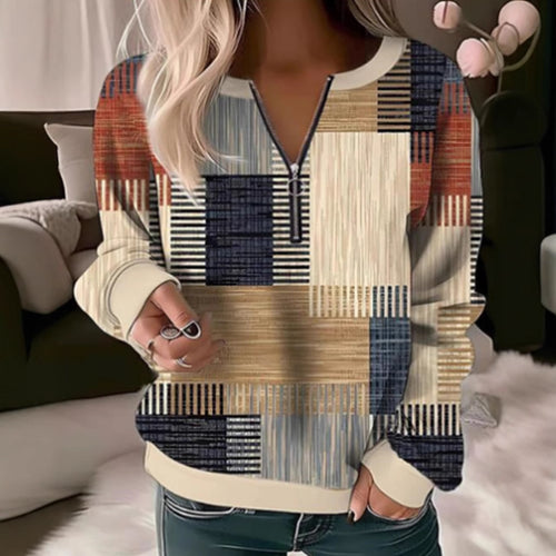 Damen nan gemütlicher Pullover mit kurzem Reißverschluss, grafischem Patchworkmuster, verlängerten Ärmelbündchen und geripptem Saum R&B