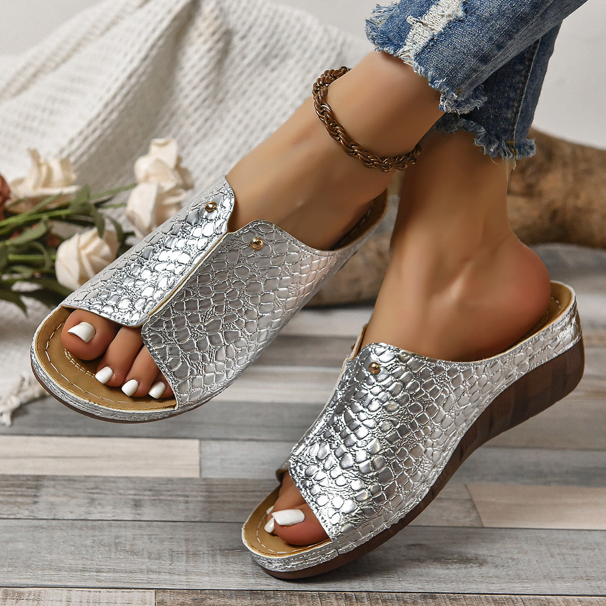 Damen Elegante Clogs mit Krokodilprägung R&B