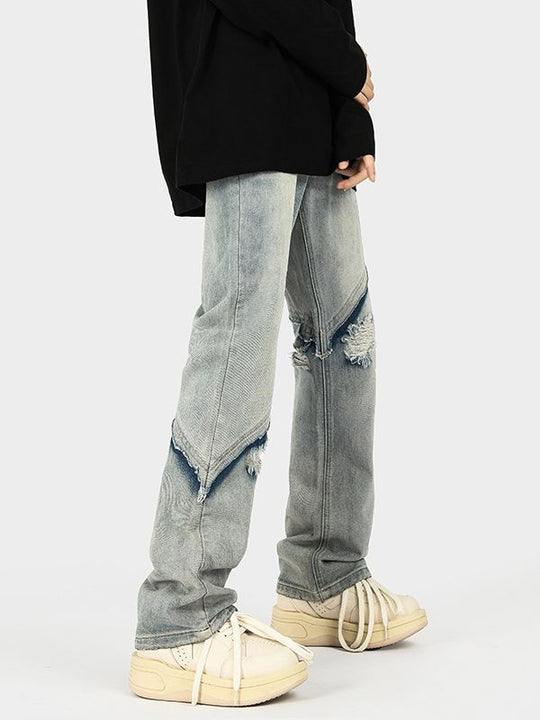 Herren modische Ripped Denim-Jeans im lässigen Schnitt mit asymmetrischem Design R&B