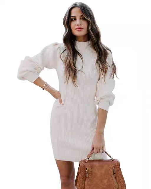 Damen Strickkleid mit hohem Kragen und Puffärmeln R&B