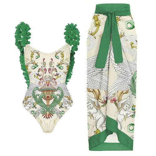 Damen Badeanzug-Set mit floraler Rüschendekoration und elegantem Maxirock R&B