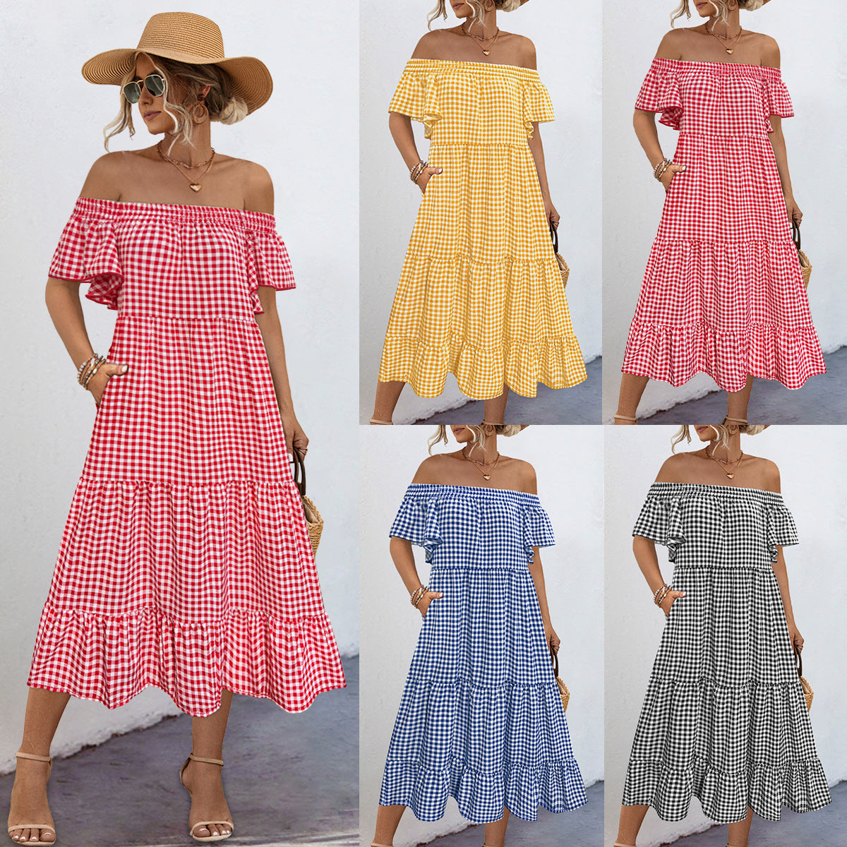 Damen Off-Shoulder Maxikleid mit raffinierten Rüschendetails und lockerer A-Linien-Silhouette R&B