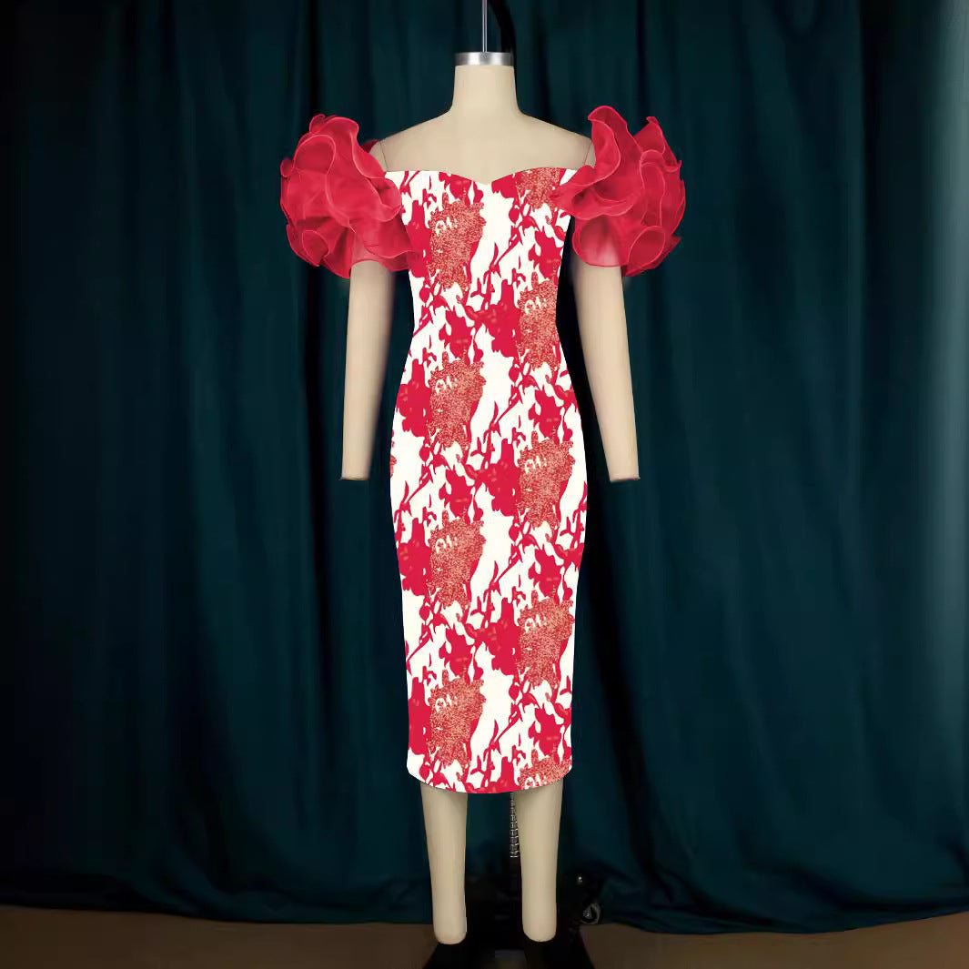 Damen Elegantes Midi-Kleid mit innovativen Puffärmeln und kunstvollem Druck R&B