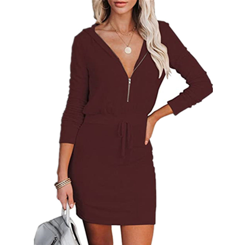 Damen lässiges Mini-Kleid mit Kapuze und Reißverschluss R&B