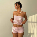 Damen gehäkeltes Strand-Set mit verstellbarem Oberteil und Shorts R&B