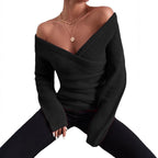 Damen Eleganter und lockerer Pullover mit tiefem V-Ausschnitt und langen Ärmeln R&B