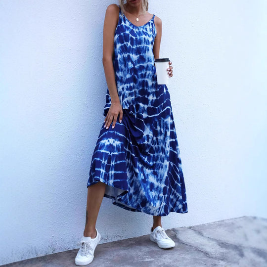 Damen Langes Sommerkleid aus elastischem Jersey mit asymmetrischem Schnitt und praktischen Taschen R&B