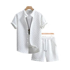 Herren nan zweiteiliges Sommerensemble mit Stehkragen-Hemdjacke und elastischen Komfort-Shorts in geprägter Karo-Textur R&B