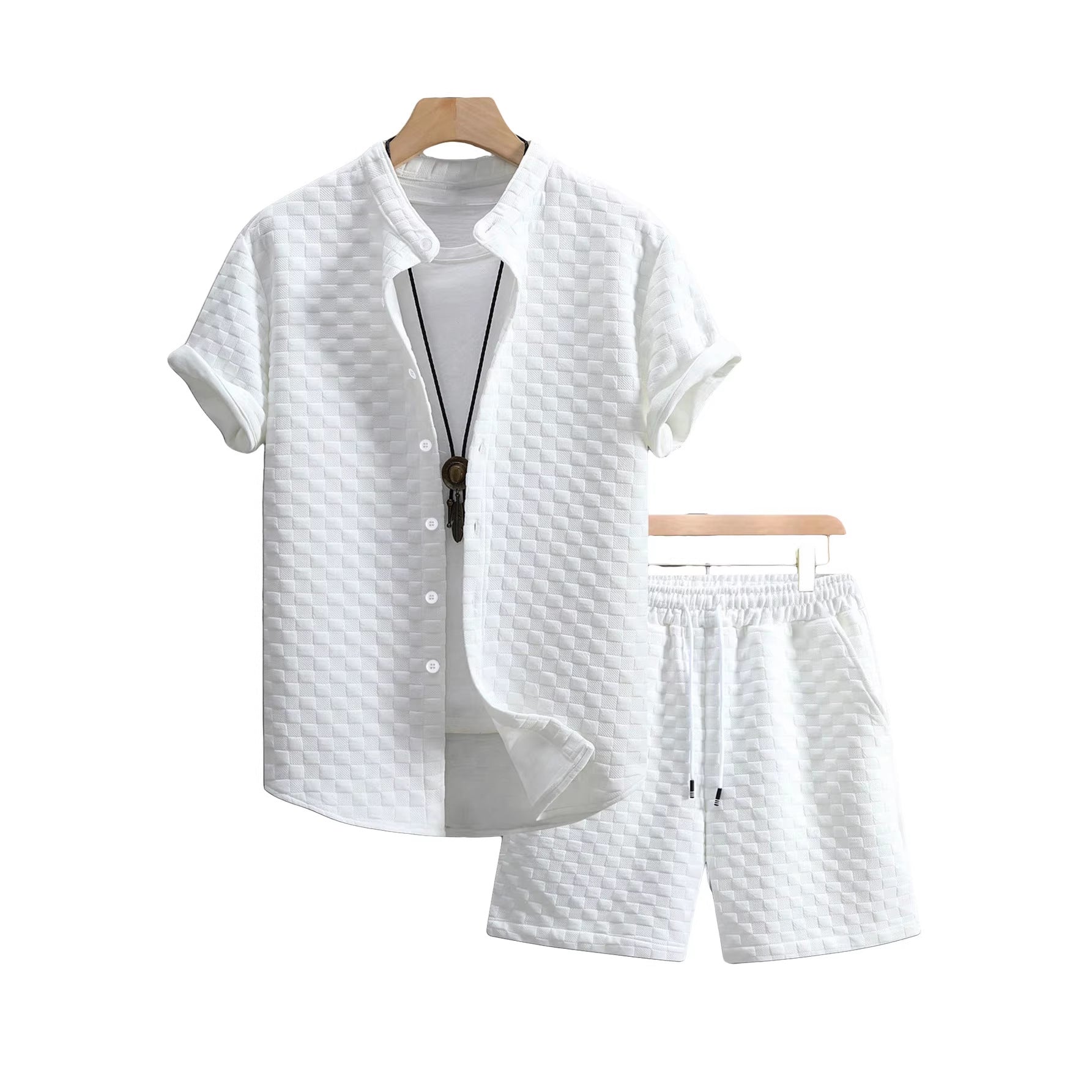 Herren nan zweiteiliges Sommerensemble mit Stehkragen-Hemdjacke und elastischen Komfort-Shorts in geprägter Karo-Textur R&B