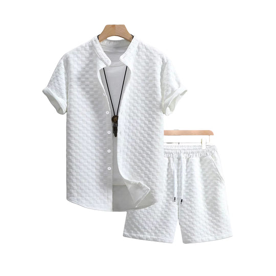 Herren nan zweiteiliges Sommerensemble mit Stehkragen-Hemdjacke und elastischen Komfort-Shorts in geprägter Karo-Textur R&B