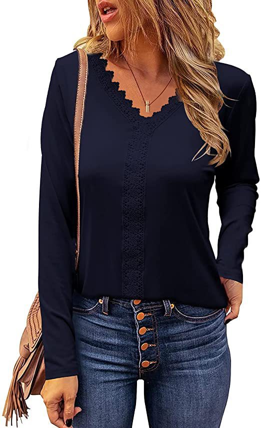 Damen elegantes V-Ausschnitt Longsleeve-Shirt mit Spitzenbesatz R&B