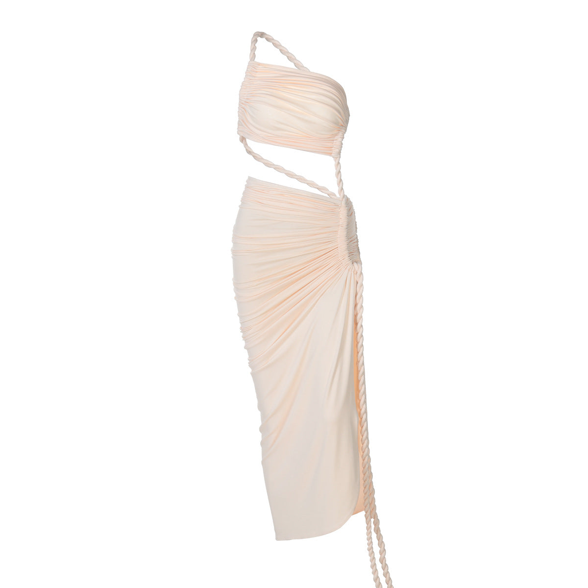 Damen Elegantes, einseitiges Maxikleid mit raffinierten Drapierungen R&B