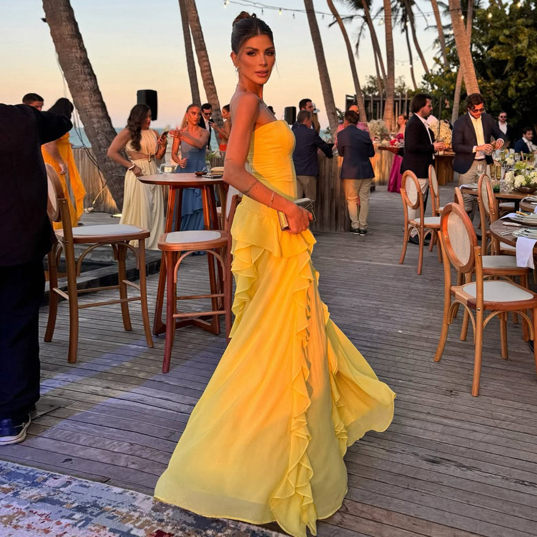 Damen fließendes Maxikleid mit Rüschen und Volant R&B