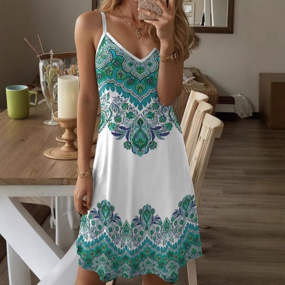 Damen Spaghetti-Träger Kleid mit stilvollem Paisleymuster und A-Linien Schnitt R&B
