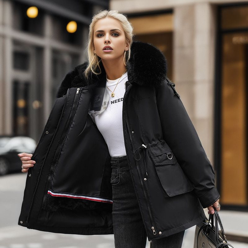 Damen warme Winterjacke mit abnehmbarem Pelzkragen R&B
