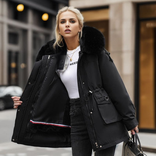Damen warme Winterjacke mit abnehmbarem Pelzkragen R&B