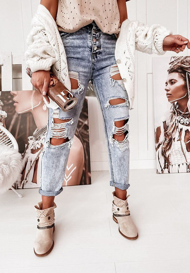 Damen Boyfriend-Jeans mit Destroyed-Details und hohem Komfortbund R&B