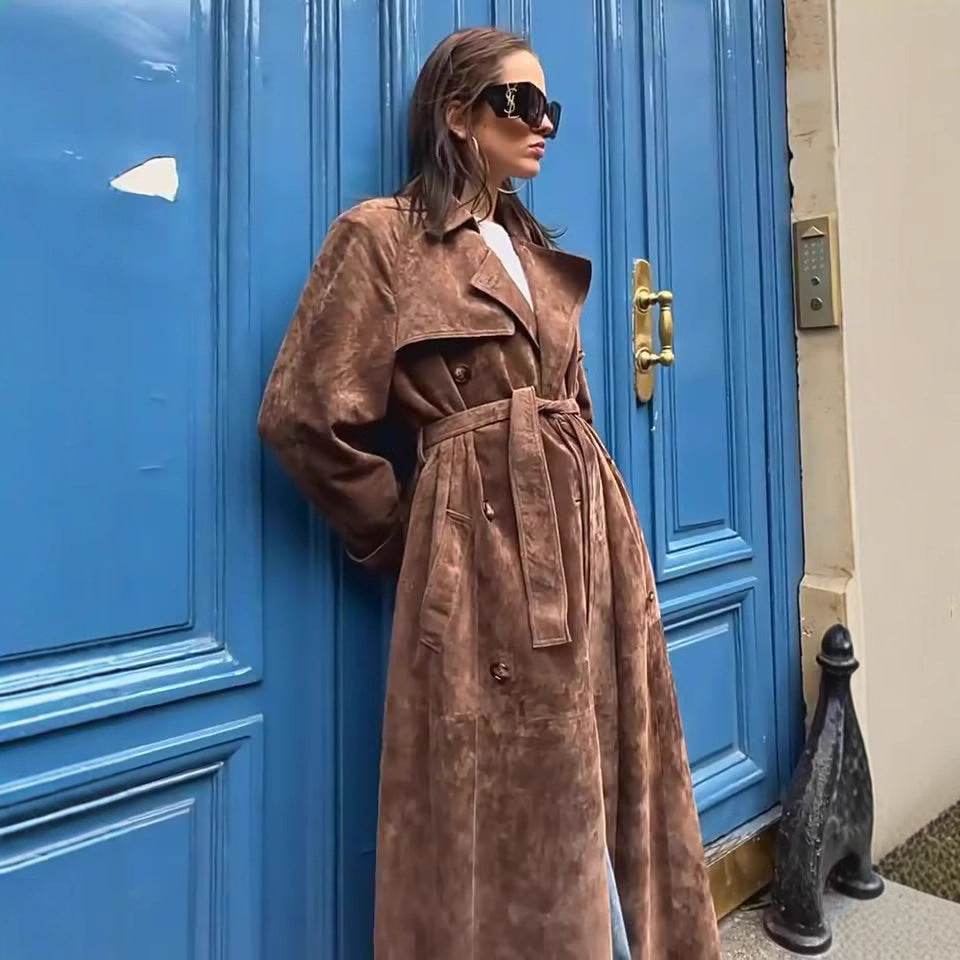 Damen eleganter und taillierter Wildleder-Trenchcoat mit Gürtel R&B