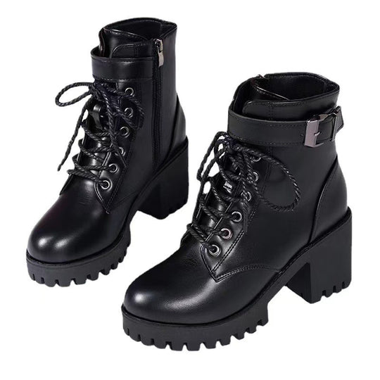Damen nan Plateau-Schnürstiefelette aus Kunstleder mit profilierter Gummisohle und verstellbarem Schnallenriemen R&B