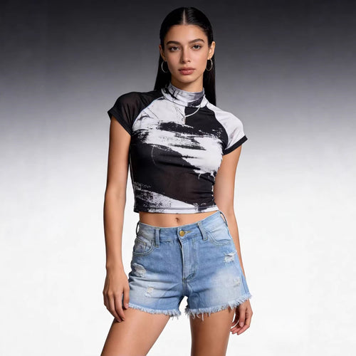 Damen Crop Top und High-Waist Jeans-Shorts R&B