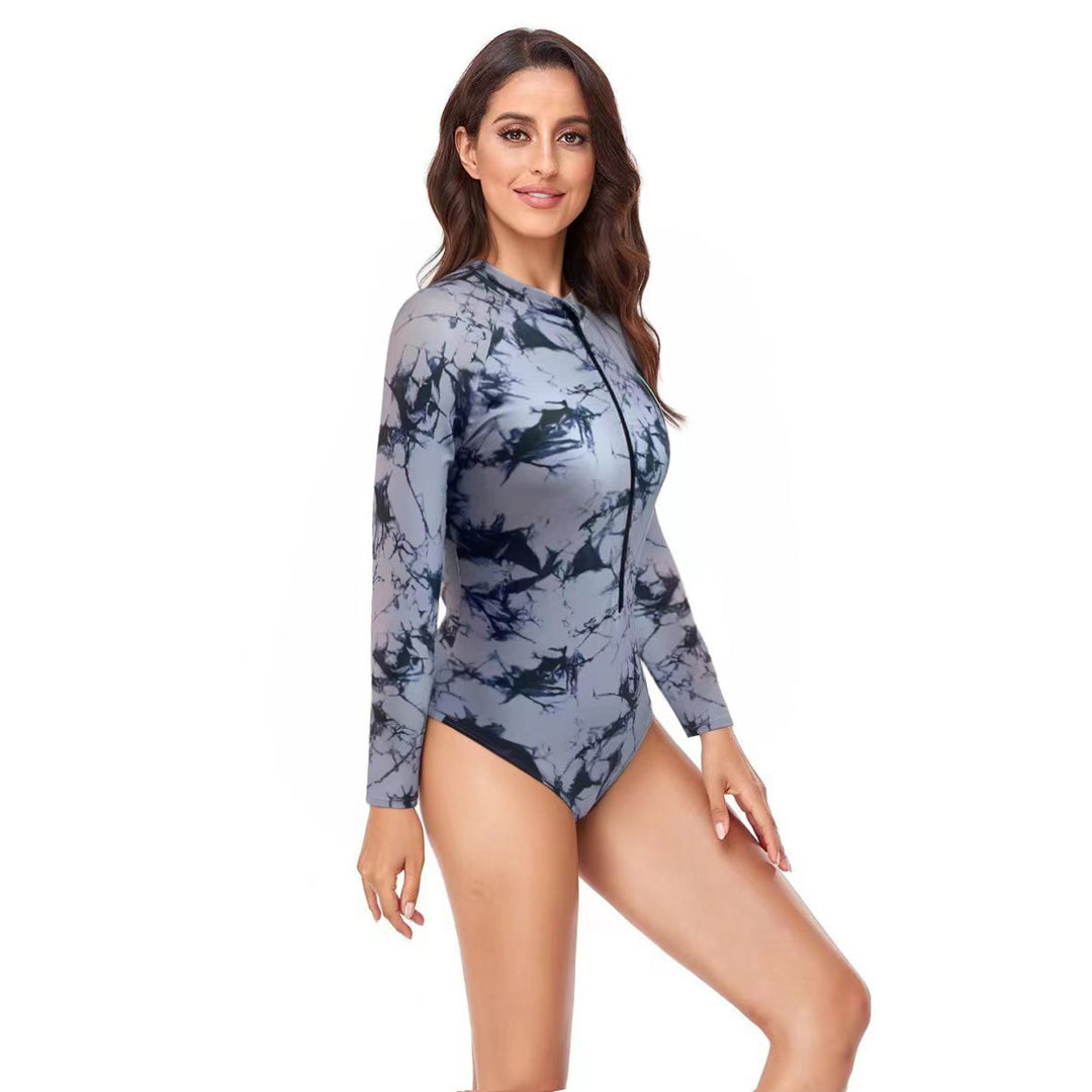 Damen Langarm Schwimmanzug mit Reißverschluss und modernem Marmor-Design R&B