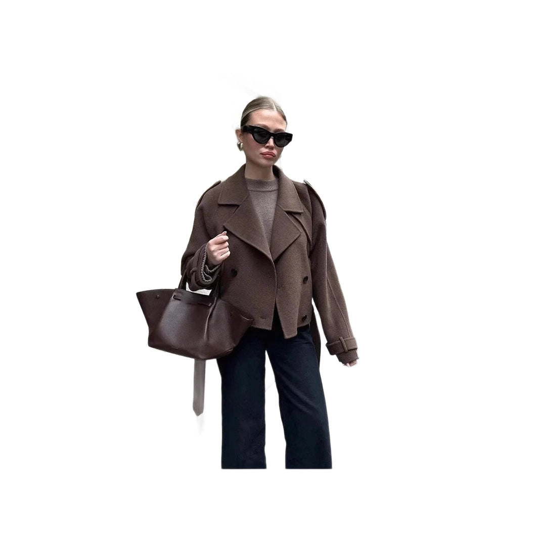 Damen elegante und vielseitige Wolljacke mit doppelter Knopfleiste und breitem Kragen R&B