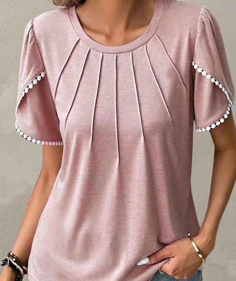 Damen nan Rundhals-Shirt mit dekorativer Kellerfalten-Front, Flatterärmeln und Pompon-Borte R&B