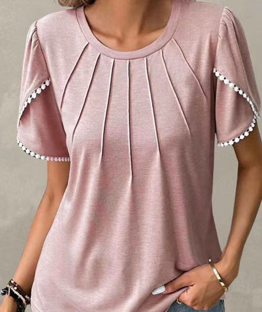 Damen nan Rundhals-Shirt mit dekorativer Kellerfalten-Front, Flatterärmeln und Pompon-Borte R&B