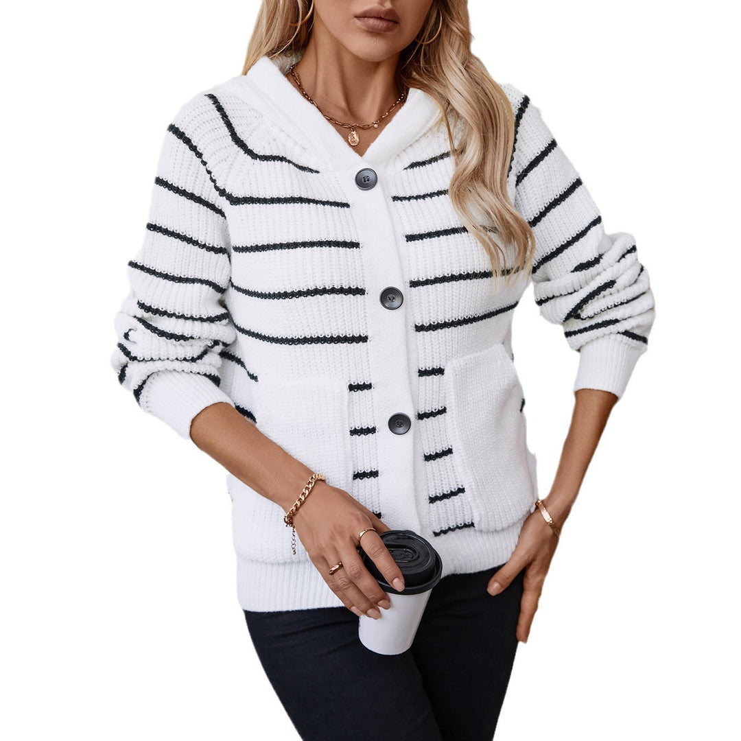 Damen gestreifte Strickjacke mit Kapuze und Taschen R&B
