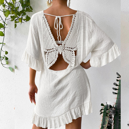 Damen lässiges Strandkleid mit V-Ausschnitt und Rüschensäumen R&B