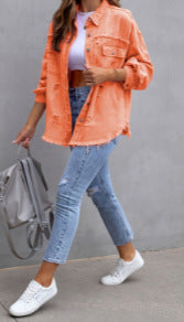 Damen Stylische Overshirt-Jacke mit fransigem Saum R&B