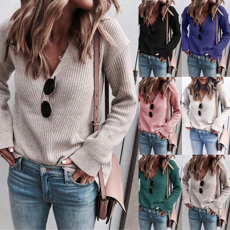Damen gemütlicher Pullover mit V-Ausschnitt R&B