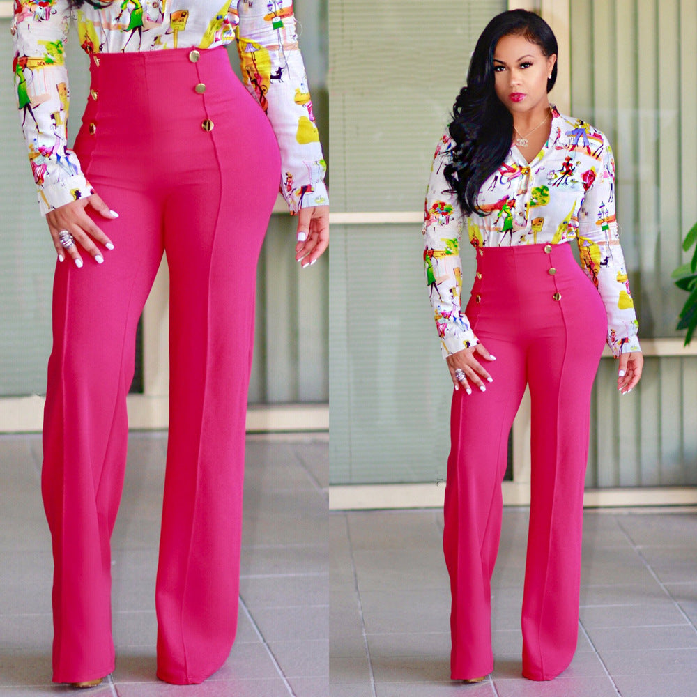 Damen hochtaillierte Palazzo-Hose mit dekorativen Knopfdetails R&B