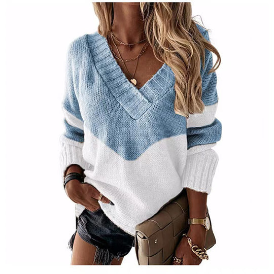 Damen Strickpullover mit V-Ausschnitt und trendigen Farbblockmustern R&B