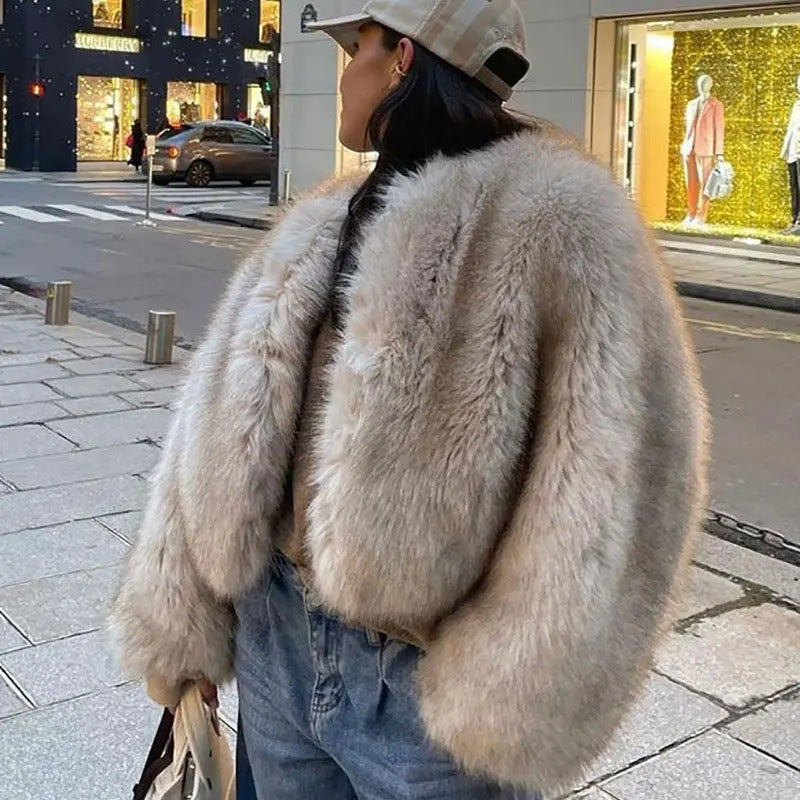 Damen kuschelige Kunstpelzjacke mit weiten Ärmeln