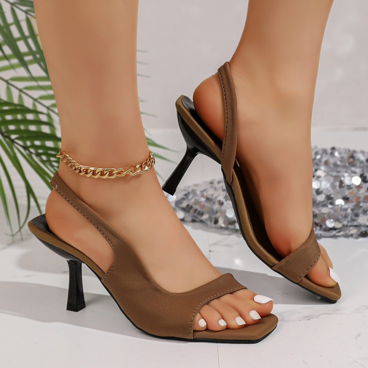 Damen Slingback Sandalen mit modischem Absatz und elastischem Riemen