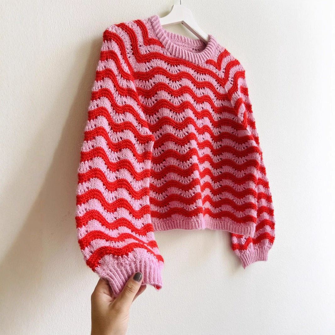 Damen Strickpullover mit wellenförmigem Muster und großzügigem Schnitt R&B