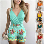 Damen Body mit tiefem V-Ausschnitt und floralem High-Waist Shorts Set R&B