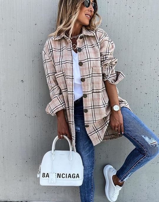 Damen Flanellhemdjacke mit Karomuster und großen Knöpfen R&B